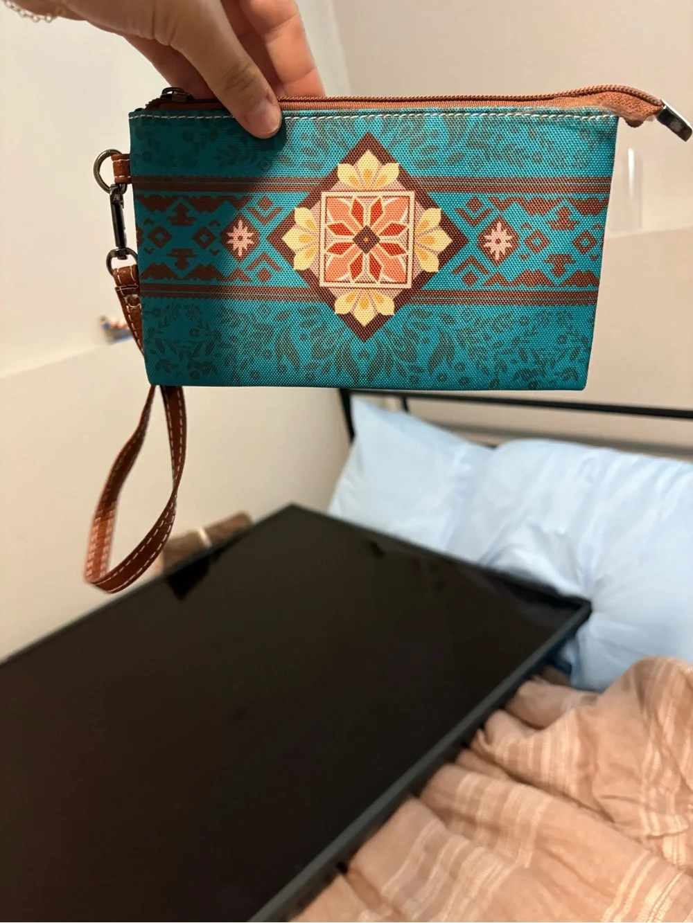 Turquoise and Tan Patterned Tote Bag